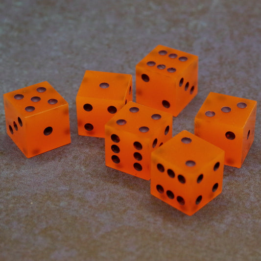 6 piece UV/Glow Orange D6 Dice set shelled in clear purple. inked in purple.